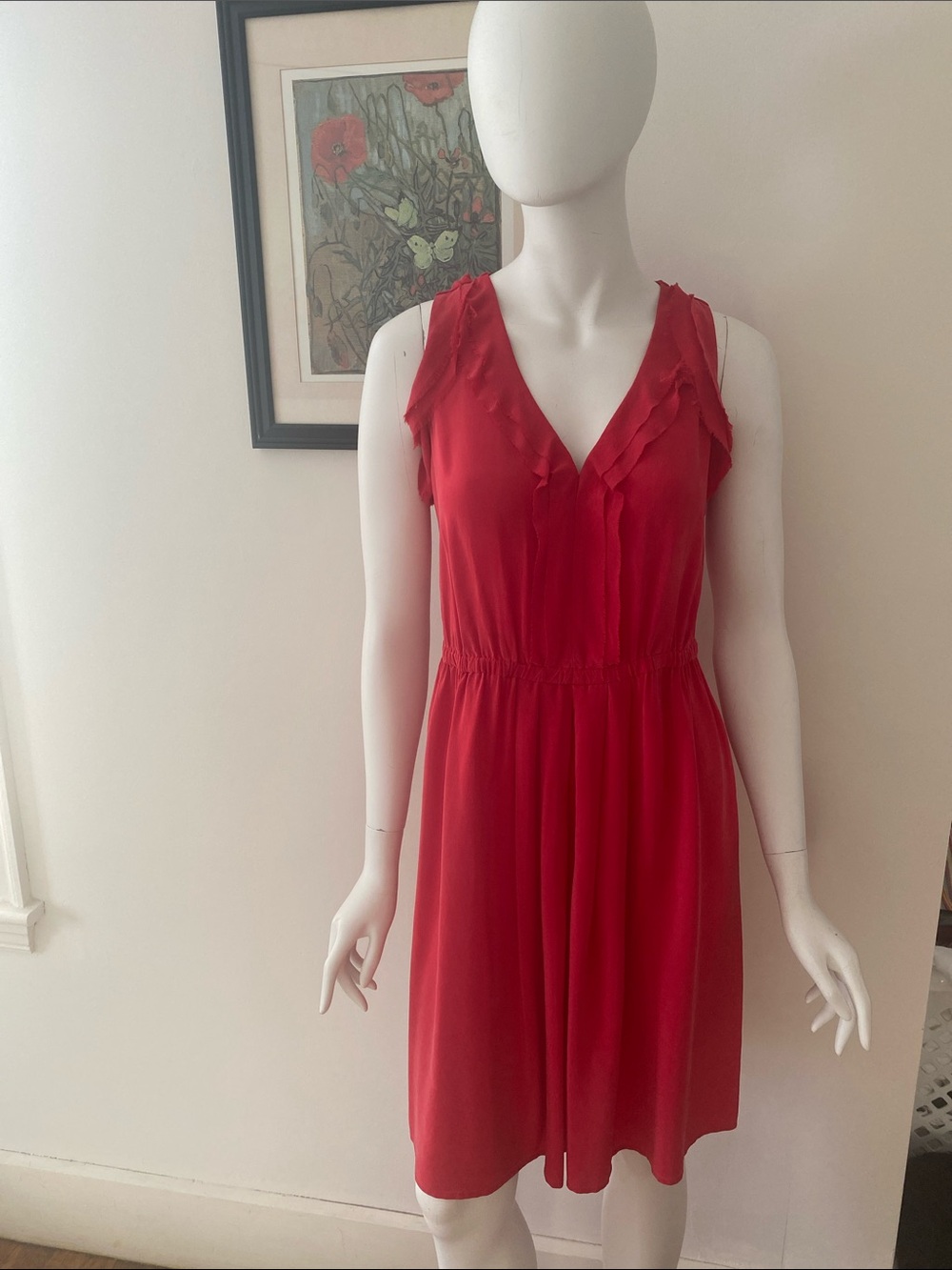 {Ann Taylor Loft} Red V-Neck Sleeveless Silk Dress